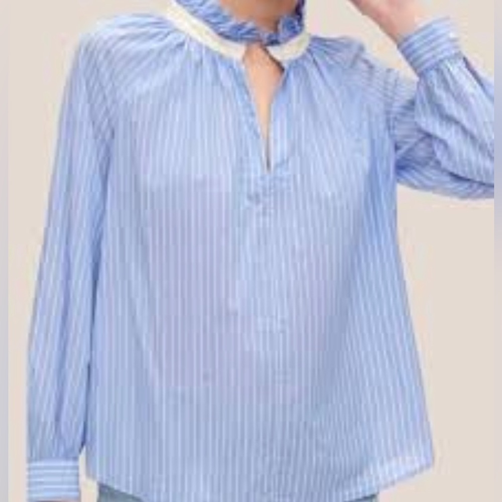 GAP Blue with white Stripe Ruffle Collar V Neck poplin Shirt EUC